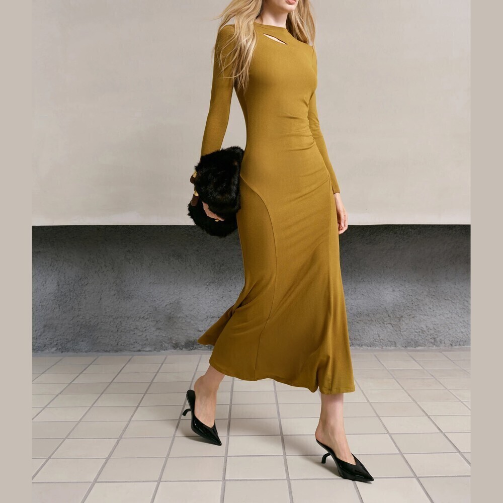 Olive Yellow Knit Cutout Shoulder Long Sleeve Maxi Dress